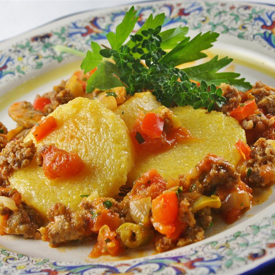 Polenta with Spicy Sausage-Veggie Sauce