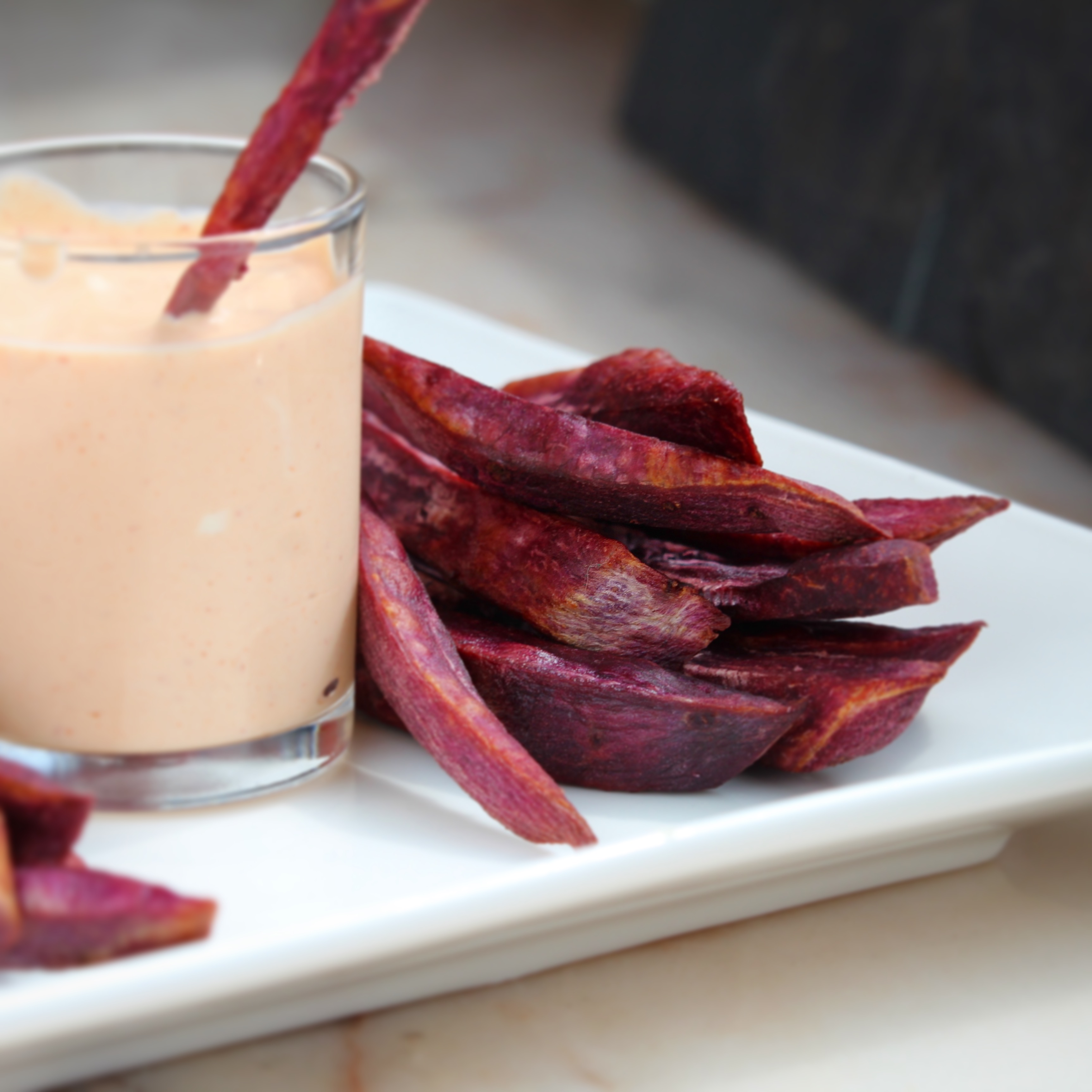 Air-Fried Purple Yam Fries with Sour Cream Sriracha Sauce