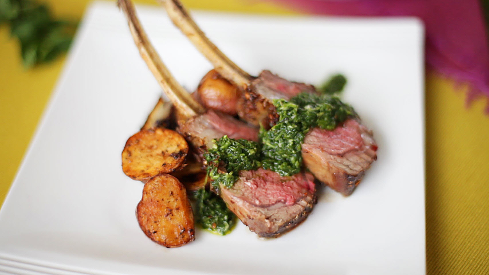 Spice-Crusted Roast Rack of Lamb with Cilantro-Mint Sauce